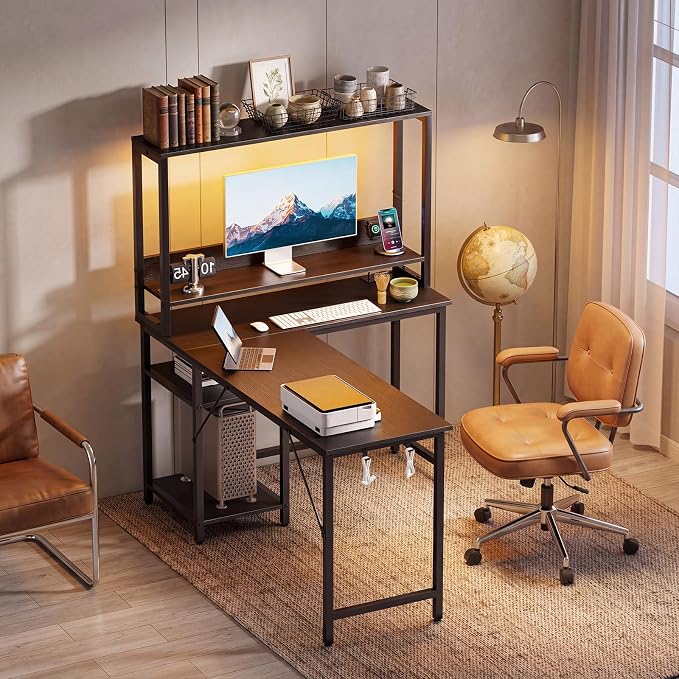 OLIXIS 53 in L Shaped Desk Computer Gaming Desk with Power Outlets & LED Lights, Reversible Corner Home Office Table with Adjustable Shelf & CPU Stand, Black