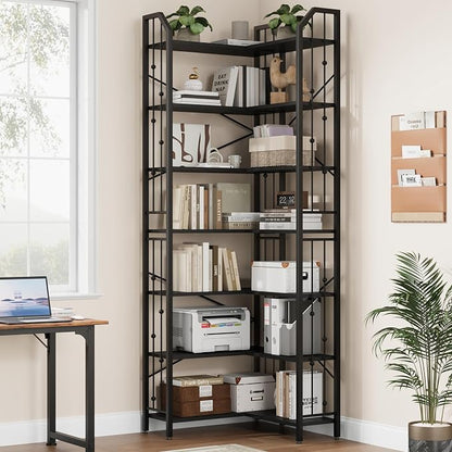GarveeHome Corner Bookshelf 86" l Shaped Bookcase, Corner Bookshelves Black Bookcase 7 Tier l-Shape Bookshelf, Large Bookcases with Beaded Design Tall Display Rack Shelf for Living Room Bedroom
