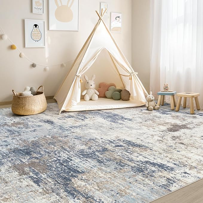 UERMEI 8x10 Area Rug Living Room Rugs - Washable Neutral Modern Abstract Soft Thin Large Rug Indoor Floor No Slip Rug Carpet for Bedroom Under Dining Table Home Office Decor - Denim Blue