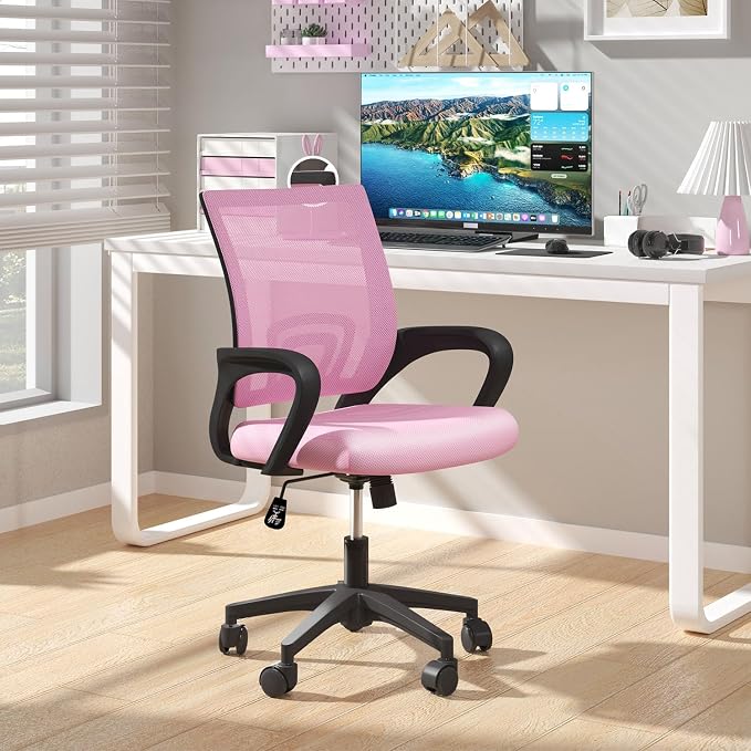 OS MOTOR Home Office Chair, Ergonomic Mid-Back Mesh Desk Chair with Lumbar Support, Adjustable Swivel Rolling Design, Comfy Armrest for Work, Study, Gaming, Vanity, Pink