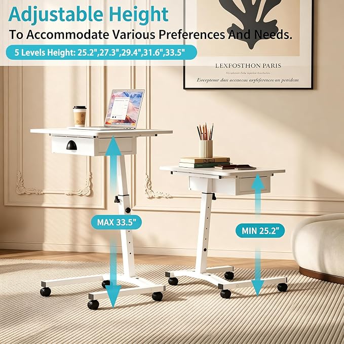 Rolling Adjustable Height Computer Desk With Drawers, Small Mobile Laptop Desk Cart On Wheels For Small Spaces Home Office, Portable Sitting Laptop Table For Bed Couch Load Up To 60LBS, Sturdy, White