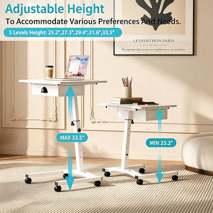 Rolling Adjustable Height Computer Desk With Drawers, Small Mobile Laptop Desk Cart On Wheels For Small Spaces Home Office, Portable Sitting Laptop Table For Bed Couch Load Up To 60LBS, Sturdy, White