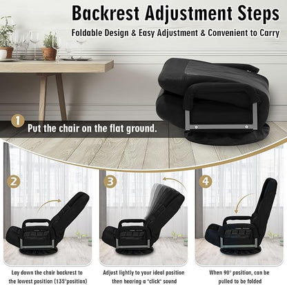 Swivel Floor Gaming Chair w/Armrests, Folding Video Reclining Sofa w/6 Adjustable Position, Padded Backrest & Cushion, Lazy Lounger Couch for E-Sports, Reading, Relaxing, Watching TV, Black