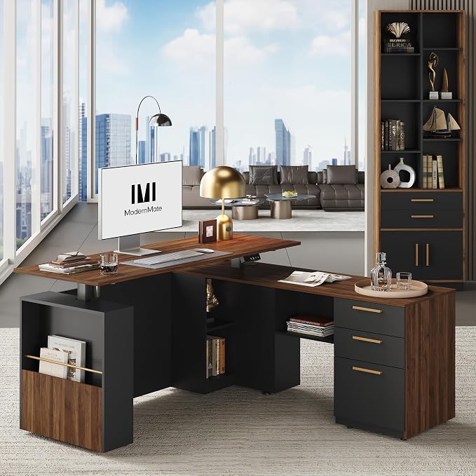 ModernMate Office Furniture Set, 63" L Shaped Standing Desk with File Cabinet, AC/USB, Office Desk Set with 73" Book Shelf, Home Office Furniture Sets, Black Walnut