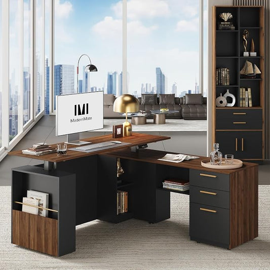 ModernMate Office Furniture Set, 63" L Shaped Standing Desk with File Cabinet, AC/USB, Office Desk Set with 73" Book Shelf, Home Office Furniture Sets, Black Walnut