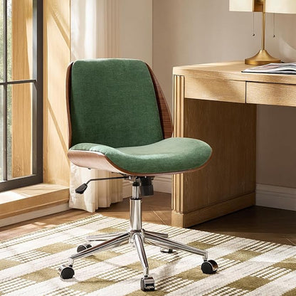 HULALA HOME Fabric Home Office Chair with Bent Wood Design & Rocking Tilt Function, Modern Swivel Desk Chair with Adjustable Height, Comfy Upholstered Armless Computer Task Chair, Forest