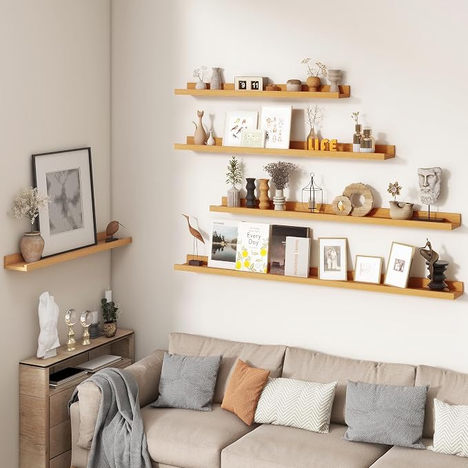FLYJOE Picture Ledge Shelf, Floating Shelves Set of 2, 16 Inches Nursery Book Shelves for Toys Storage, Kids Bookshelf Wall Mounted for Living Room Bedroom Decor Books Photo Frames, Natural Oak