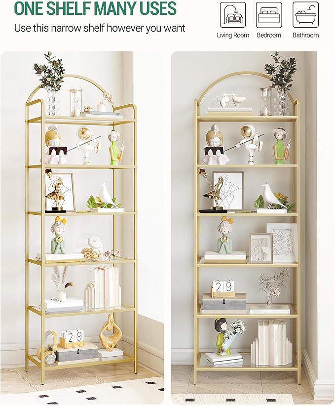 Hzuaneri Bookcase Bookshelf, Tempered Glass Bookshelves, Slim Shelving Unit for Bedroom, Bathroom, Home Office, Steel Frame, 6 Tier Gold BC21699G