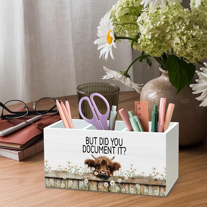 DILSJ Funny Highland Cow Office Pen Pencil Holder Organizer for Desk, Human Resource Gifts, But Did You Document It Farmhouse Highland Cow Wooden Box Signs for Home Office Desk Tabletop Decoration