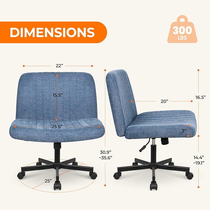 NEO CHAIR Criss Cross Chair with Wheels Home Office Cross Legged Armless Chairs Ergonomic Adjustable Computer Desk Task Wide Seat for Bedroom Vanity Comfy Swivel (Blue)