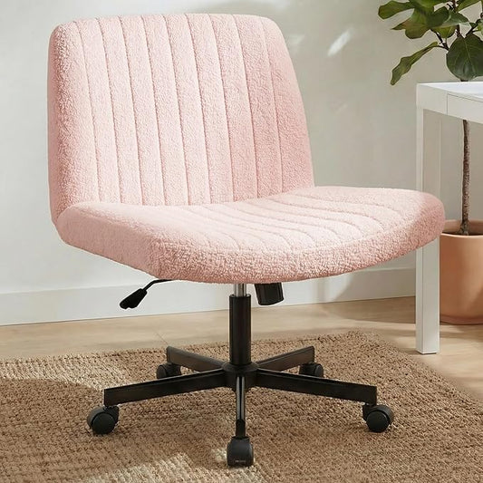 Orange Factory Criss Cross Chair Wheels Vanity Chair Office Desk Comfy Wide Cross Legged Armless Teddy Fabric Adjustable Swivel for Home Computer Task (Pink, Teddy Fleece)