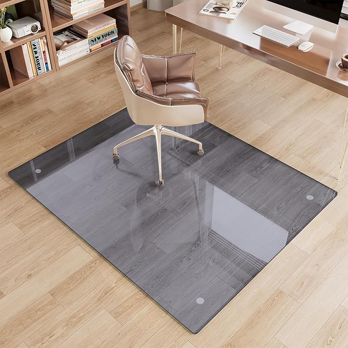 Glass Chair Mat 36" x 46" Heavy Duty Tempered Glass Office Chair Mat, Glass Floor Mat with Round Corner and Polished Edge for Smooth Glide, Office Chair Mat for Carpet, Hardwood Floor, Grey