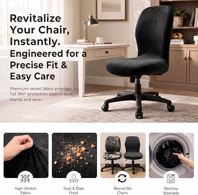 Deisy Dee Velvet Stretch Armless Office Chair Covers - Colorful Stretch Slipcover for Desk Chairs (Black)