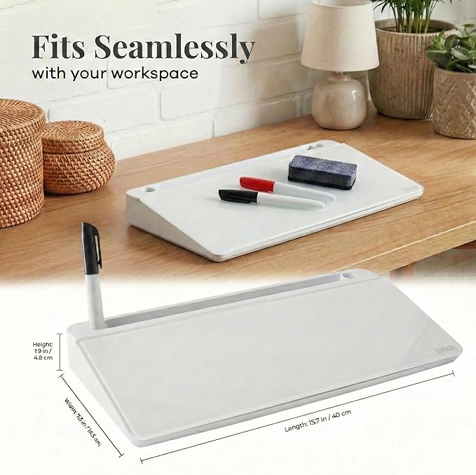 Birch Desktop Glass Whiteboard with Magnetic Weekly Calendar – Dry Erase Board, Keyboard Stand, Hidden Storage, Adjustable Dividers, 3 Markers & Eraser – Office, Home, School – Cloud