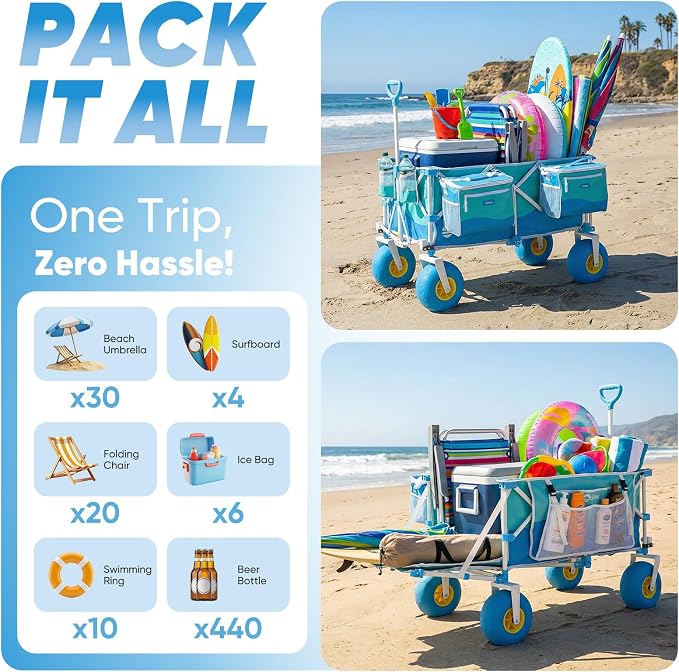 Sekey Heavy Duty Beach Wagon with 9" Big Sand-Proof Wheels, 300L Oversized Foldable Beach Cart with Cooler| Adjustable Handle & Balloon Tires for Sand, Camping,Vacation