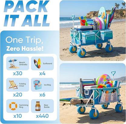 Sekey Heavy Duty Beach Wagon with 9" Big Sand-Proof Wheels, 300L Oversized Foldable Beach Cart with Cooler| Adjustable Handle & Balloon Tires for Sand, Camping,Vacation