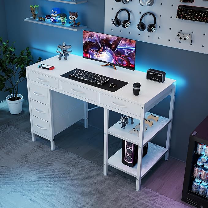 OLIXIS Computer Desk with 6 Drawers, 46 inch Office Workstation with Storage Shelves, Reversible Gaming Setup, Corner Table with Storage Drawers, Work for Home Office, Study, Living Room, White