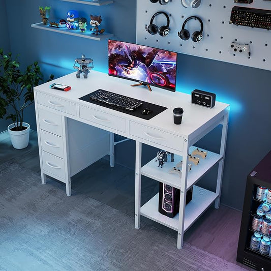 OLIXIS Computer Desk with 6 Drawers, 46 inch Office Workstation with Storage Shelves, Reversible Gaming Setup, Corner Table with Storage Drawers, Work for Home Office, Study, Living Room, White