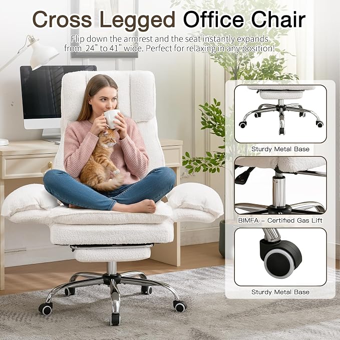 Cloud Cross Legged Office Chair with Footrest,Teddy Fleece Big and Tall Executive Ergonomic Chair, Flip Armrests for Pets,155° Reclining Computer Wide Desk Chair for Home,Office (White)