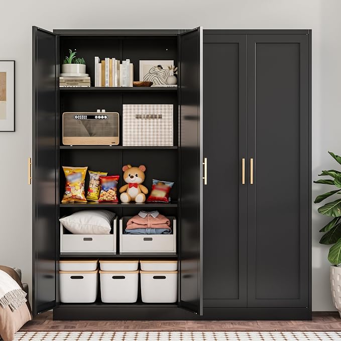 71" H Kitchen Storage Cabinet with 4 Adjustable Shelves, Metal Pantry Cabinet, Pantry Organizers and Storage Cabinet for Kitchen, Bathroom, Living Room (Black)
