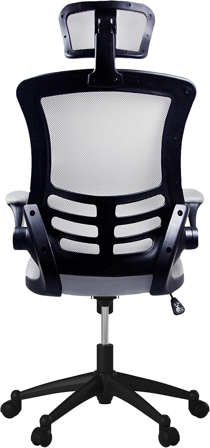 Modern High Back Mesh Executive Chair With Headrest And Flip Up Arms. Color: Silver Grey