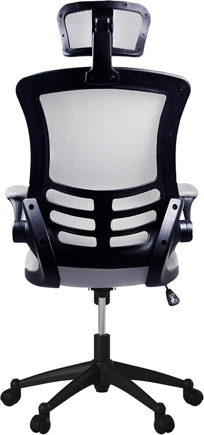 Modern High Back Mesh Executive Chair With Headrest And Flip Up Arms. Color: Silver Grey