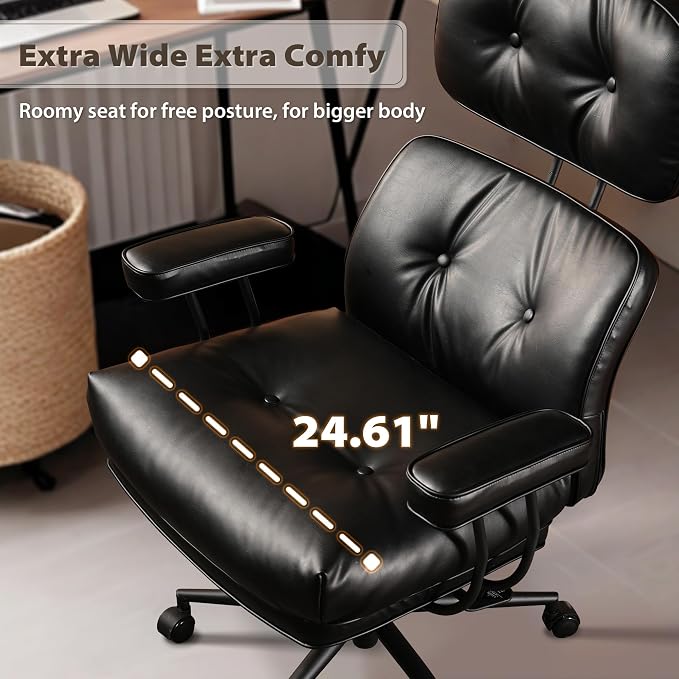 HOOOWOOO Ergonomic Office Chair,Mid Century Modern Computer Desk Chair,Comfy Executive Chair with Extra Wide Tufted Cloudy Seat Lumbar Support High Reclining Back,PU Faux Leather Black