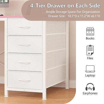 YOMILUVE 50 Inch Computer Desk with 8 Drawers, Home Office Desk with Power Outlets, Work Study Gaming Desk with 8 Fabric Drawers, Pink