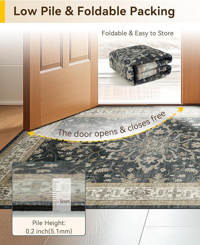 RELEANY Area Rugs Runner 2'x5' Washable Non-Slip, Floral Vintage Distress Medallion Carpet for Kitchen Hallway Bedroom Beside Laundry Room Bathroom, Vintage Black Brown Neutral