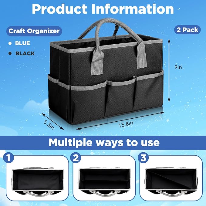 Tellingyou 2 Pcs Art Craft Tote Bag Teacher Craft Organizers and Storage Bag Desktop Tote Supply 600d Oxford Classroom Organizer Caddy Gift for Crafters Christmas Office(Black, Blue)