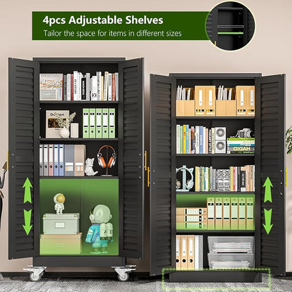 71’’H Metal Garage Storage Cabinet with Wheels, Metal Storage Cabinet with Louvered Doors, Rolling Tool Cabinet with Adjustable Shelves, Large Utility Cabinet for Office,Garage,Kitchen（Black）