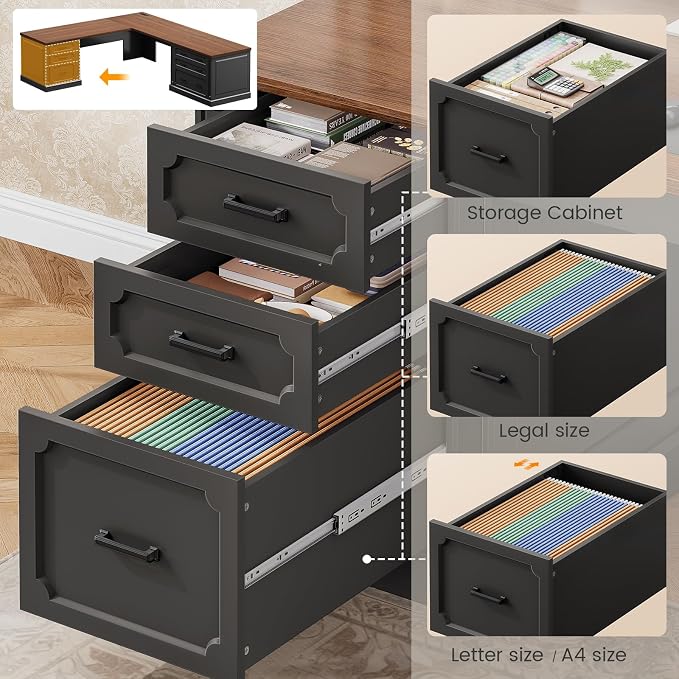 SEDETA Farmhouse 78.8" L Shaped Desk with 6 Drawers, Home Office Desk with Power Outlet, File Cabinet Storage, Wood Corner Computer Desk for Work and Study, Black+Brown