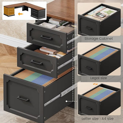 SEDETA Farmhouse 78.8" L Shaped Desk with 6 Drawers, Home Office Desk with Power Outlet, File Cabinet Storage, Wood Corner Computer Desk for Work and Study, Black+Brown
