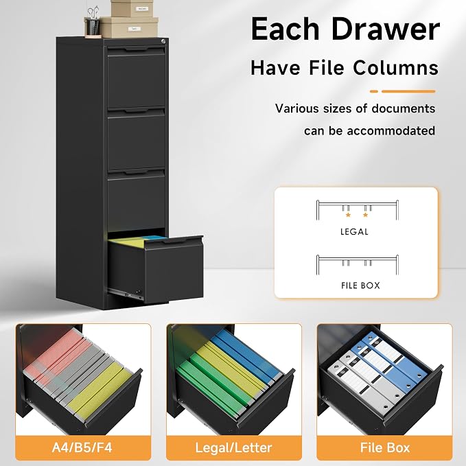Bestoo 4 Drawer File Cabinet with Lock Metal Vertical Filing Cabinet Narrow File Cabinet Locked for Home Office A4 Legal/Letter Size Assembly Required (Black, 4 Drawers-Vertical)