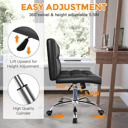 Black Office Chair with Wheels - 360° Swivel Armless Back Support，Comfortable Pu Adjustable Rolling Desk Chairs for Office，Home，Vanity，Bedroom，Big Space (Widened Black)