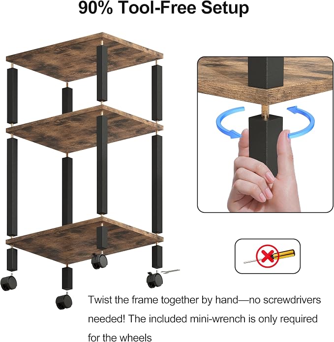 3-Tier Printer Stand with Storage, Mobile Printer Cart with Rolling Casters & Adjustable Feet, Under Desk Storage Shelf for Home Office, Small Printers,Rustic Brown, 15.7" x 11.8" x 25.9"