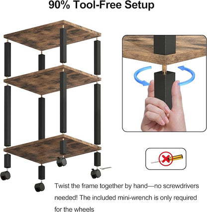 3-Tier Printer Stand with Storage, Mobile Printer Cart with Rolling Casters & Adjustable Feet, Under Desk Storage Shelf for Home Office, Small Printers,Rustic Brown, 15.7" x 11.8" x 25.9"