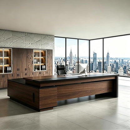 L Shaped Executive Desk with Drawers, Modern Large Wood Home Office Desk, Computer Desk with Storage for Boss Office Workstation