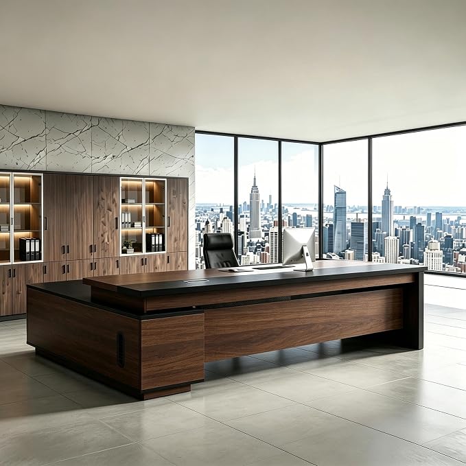 L Shaped Executive Desk with Drawers, Modern Large Wood Home Office Desk, Computer Desk with Storage for Boss Office Workstation