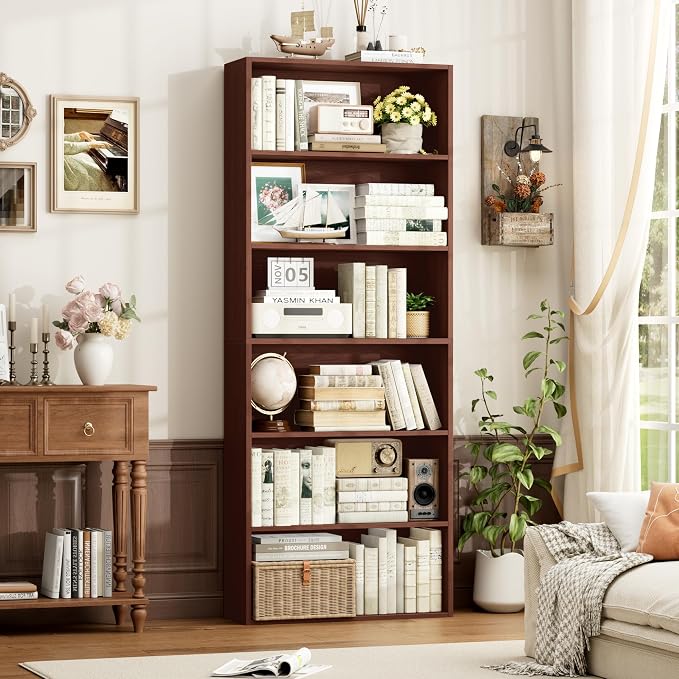 FOTOSOK 6-Tier Open Bookcase and Bookshelf, Freestanding Display Storage Shelves Tall Bookcase for Bedroom, Living Room and Office