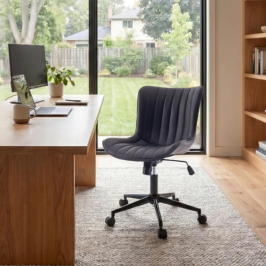 YOUNIKE Black Office Desk Chair with Wheels Comfy Armless Small Vanity Chair with Adjustable Rocking Back Modern Leather Upholstered Rolling Task Computer Chair Cute Swivel Drafting Chair Compact