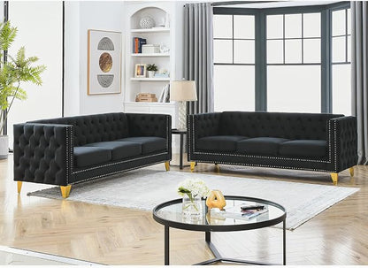 mikibama 2PC Velvet Sofa Couch Set for Living Room,Button Tufted 3 Seater Sofas Set of 2,Modern Upholstered 3-Seat Couches with Nailhead Trims,Golden Metal Legs for Bedroom