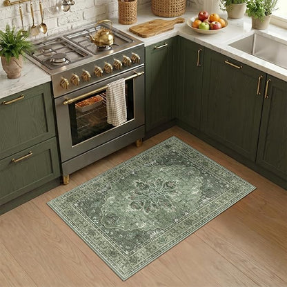 RELEANY Area Rugs Small 2'x4' Washable Non-Slip, Floral Vintage Distress Medallion Carpet for Kitchen Entryway Bathroom, Dark Green Gray