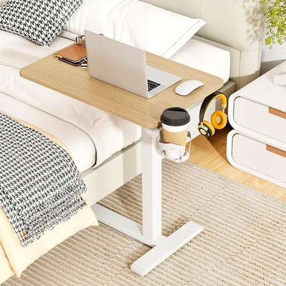 Tangkula Mobile Standing Desk, Pneumatic Height Adjustable Rolling Desk with Cup Holder & Headphone Hook, Overbed Table with Hidden Wheels, Laptop Computer Cart for Couch, Home, Office (Natural)