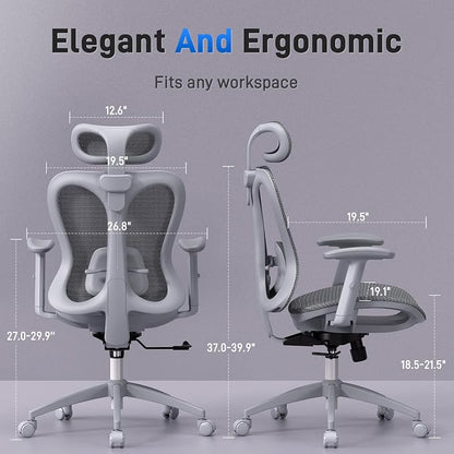 amseatec Ergonomic Office Desk Chair, Comfortable Computer Gaming Chair, Breathable Mesh Back & Seat, Adjustable Armrest & Headrest, Lumbar Support, Butterfly Design for Home Office, Gray