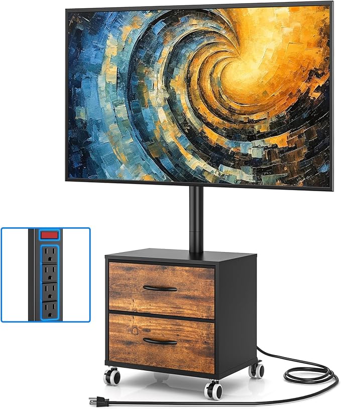 Rfiver Rolling TV Stand with Power Outlet and 2 Drawers for 32-60 Inch TVs, Swivel Mobile TV Cart with Wheels, 6-Level Height Adjustable Floor TV Mount up to 88lbs, Max VESA 400x400mm