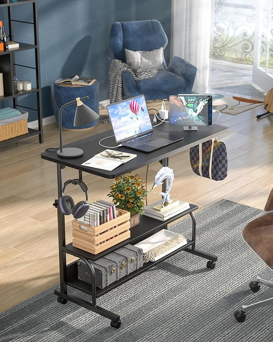 Armocity Rolling Standing Desk with Charging Station, Portable Height Adjustable Mobile Computer Desk with Wheels & 2-Tier Shelves & Hooks, Easy Assembly Laptop Table for Couch Bed, 32" Black