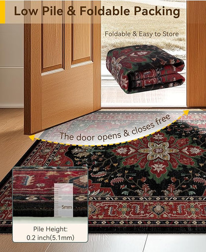 RELEANY Area Rugs Runner 2'x10' Washable Non-Slip, Floral Vintage Distress Medallion Carpet for Kitchen Hallway Bedroom Beside Laundry Room Bathroom, Red Black