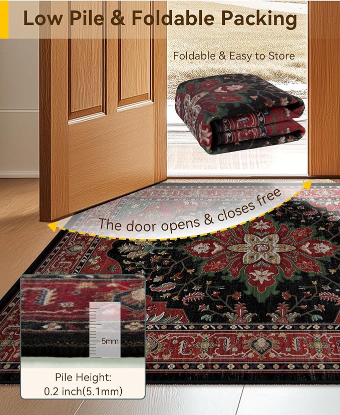 RELEANY Area Rugs Runner 2'x6' Washable Non-Slip, Floral Vintage Distress Medallion Carpet for Kitchen Hallway Bedroom Beside Laundry Room Bathroom, Red Black