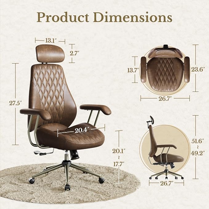 High Back Office Chair with Lumbar Support - Ergonomic Executive Desk Chair, Adjustable Swivel Computer Chair in Premium Faux Leather for Home Office Comfort, Brown